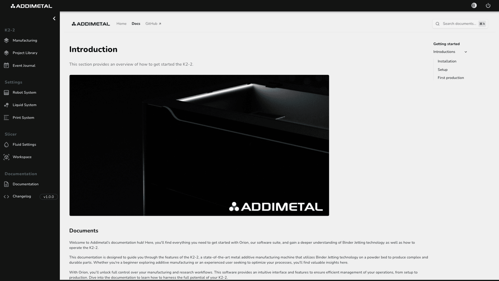 Interface de la documentation technique Orion développée par Addimetal pour le pilotage de l'imprimante 3D métal K2-2