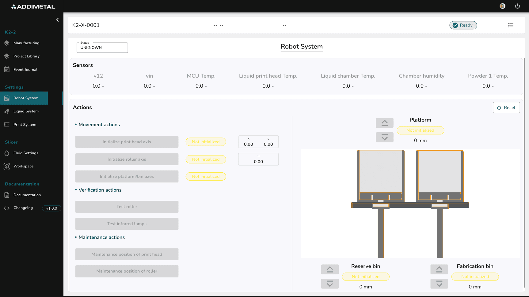 Interface Robot System du logiciel Orion d'Addimetal pour le contrôle des mouvements et capteurs de l'imprimante 3D métal K2-2